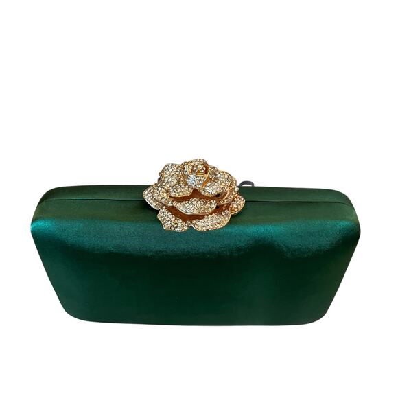 Natasha Crystal Green Satin Evening Clutch Gold Rhinestone Floral Detail New - Picture 14 of 16